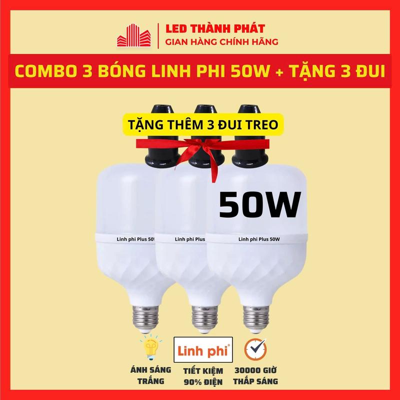 COMBO 3 Bóng đèn LED LINH PHI 50W + TẶNG 3 ĐUI siêu sáng tiết kiệm điện, LED BULB trụ chống nước