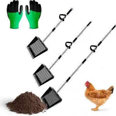 Adjustable Chicken Poop Scooper – 3-in-1 Metal Scoop, Long Handle (22 To 41.7 Inches)
