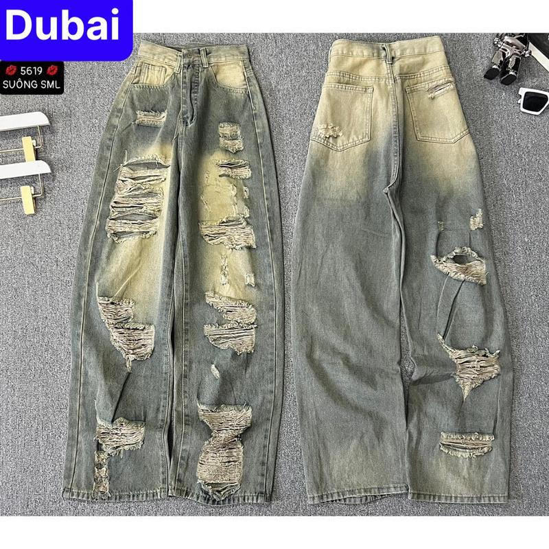  QUẦN JEAN NỮ BAGGY ỐNG SUÔNG RỘNG RÁCH TẢ TƠI XƠ MƯỚP LƯNG CAO NÂNG MÔNG SANG CHẢNH - DUBAI FASHION 