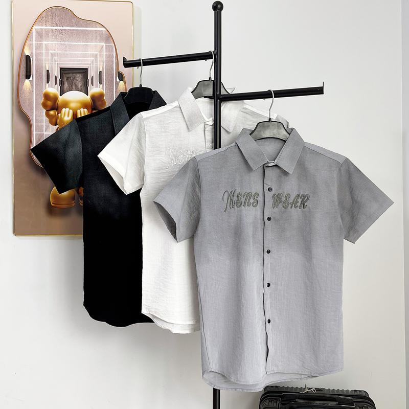 Áo sơ mi nam nữ tay ngắn vải đũi co giãn thoáng mát phối hoạ tiết  loang màu thêu chữ  cá tính mẫu mới-MỸ LINKSHOP Menswear Cổ Tròn