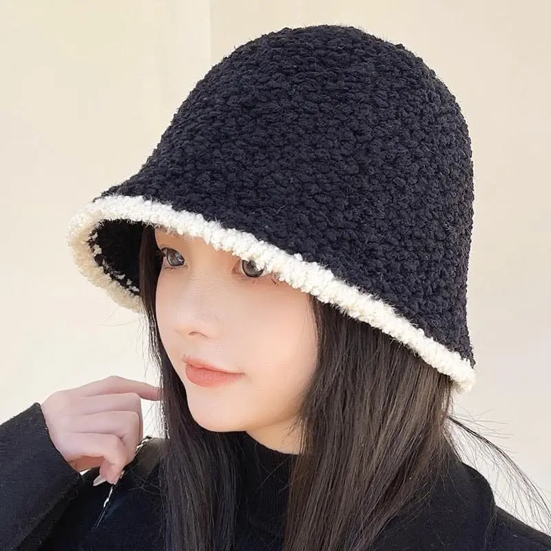 ￼Mũ Bucket Vành Cụp Lông Cừu Phối Viền Nón Dệt Kim Phong Cách Hàn Quốc Hat Len Nữ Women khan  muadong