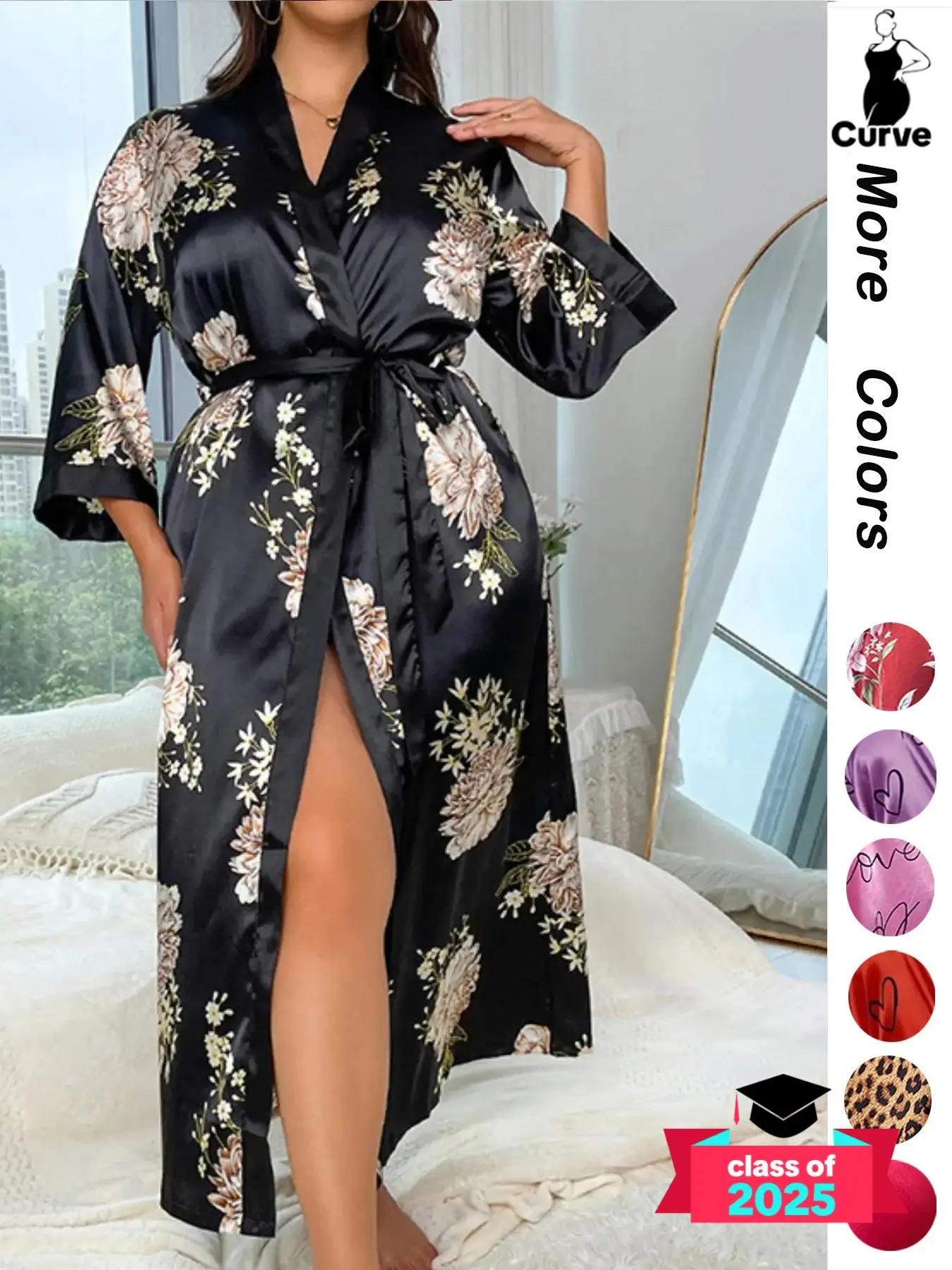 【Plus Size】 Halloween Pumpkin Skull / Floral Print Belted Contrast Binding Wrap Robe, Women's Soft Comfy Long Lounge Robe, Womens Clothes, Loungewear & Sleepwear for Spring & Fall, Dressing Gown Women, Fashion Pj Homewear, Robes for Women