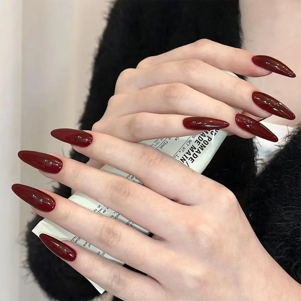 24 PCS Short Long Fake Nails Natural With Glue Solid Color Red False Nails Press On Nails
