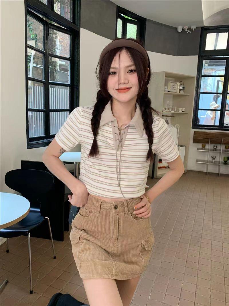Product Introduction of Áo Thun Sọc, Cổ Polo Màu Tương Phản, Dành Cho Nữ, Phong Cách Cổ Điển Mùa Hè, Mỏng Vừa Vặn, Ngắn Tay, Áo Vai Ngắn, Bán Chạy 16