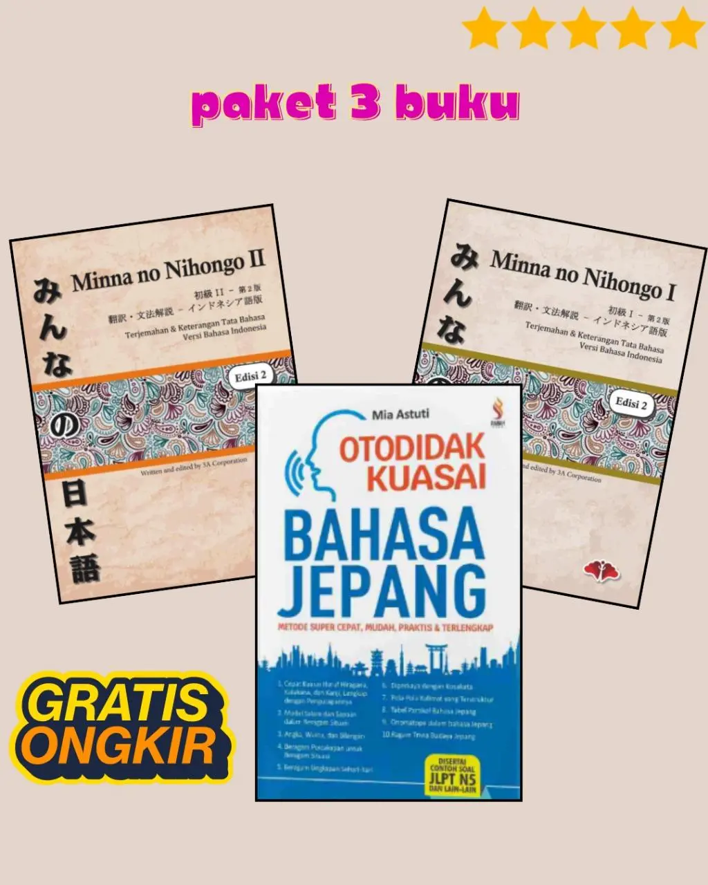 Paket 3 Buku Bahasa Jepang, Otodidak Kuasai Bahasa Jepang - minna no nihongo 1 dan 2