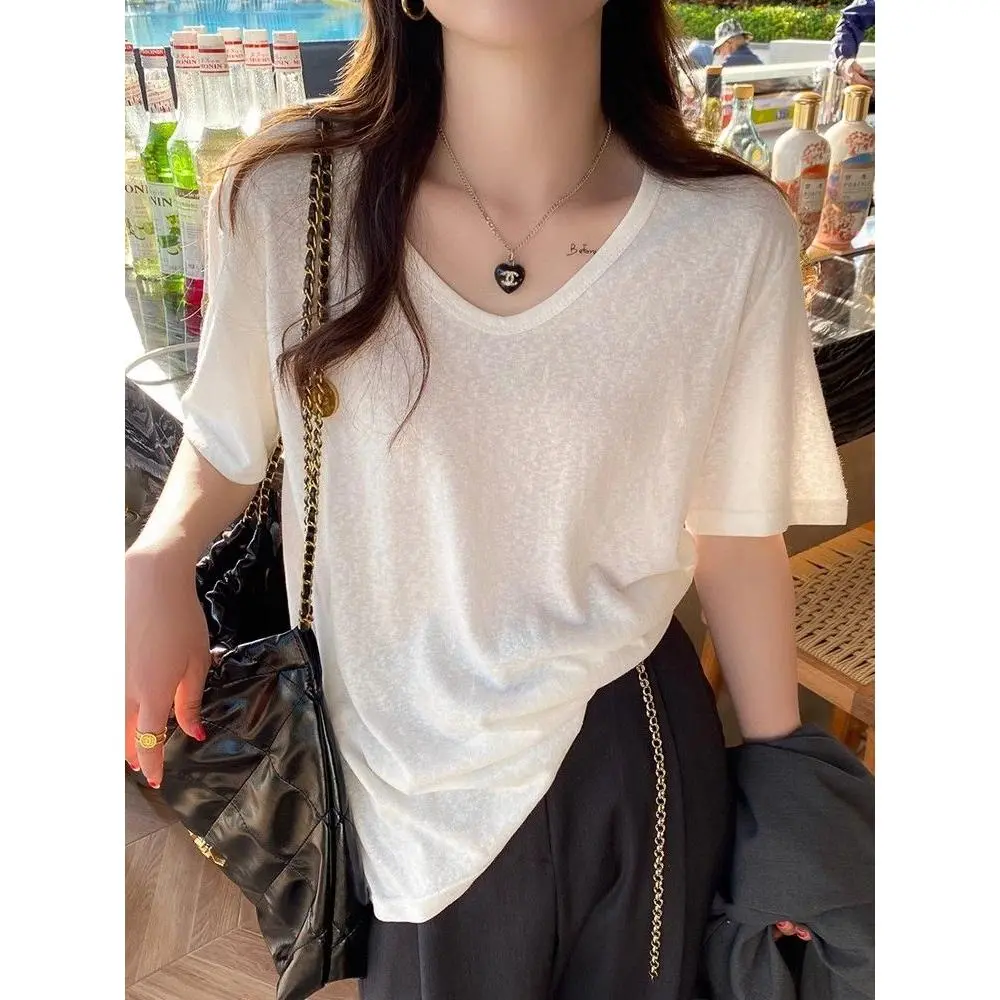 Áo Thun ngắn Tay Màu Trắng, Dành Cho Nữ, Cổ Chữ V, Dáng Rộng Vừa Vặn, Chất Liệu Tre, Tay Lửng Áo, Phong Cách Mỏng Lụa Lạnh Bộ Sưu Tập Mùa Hè 2024, [1780 Người Thu Thập]