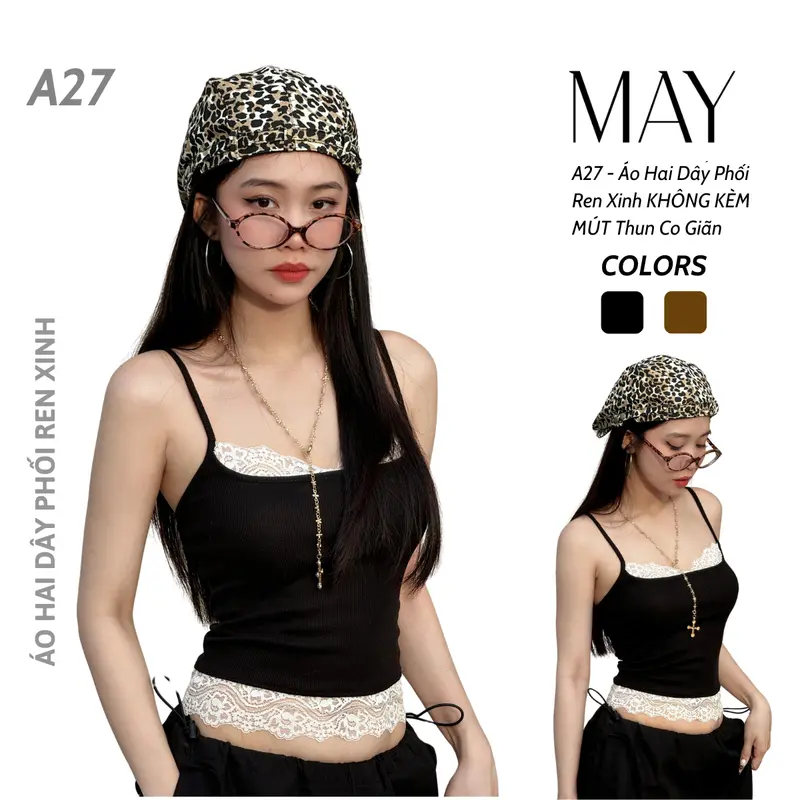 A27 - Áo Hai Dây Phối Ren Xinh KHÔNG KÈM MÚT Thun Co Giãn Nữ Women Top 0