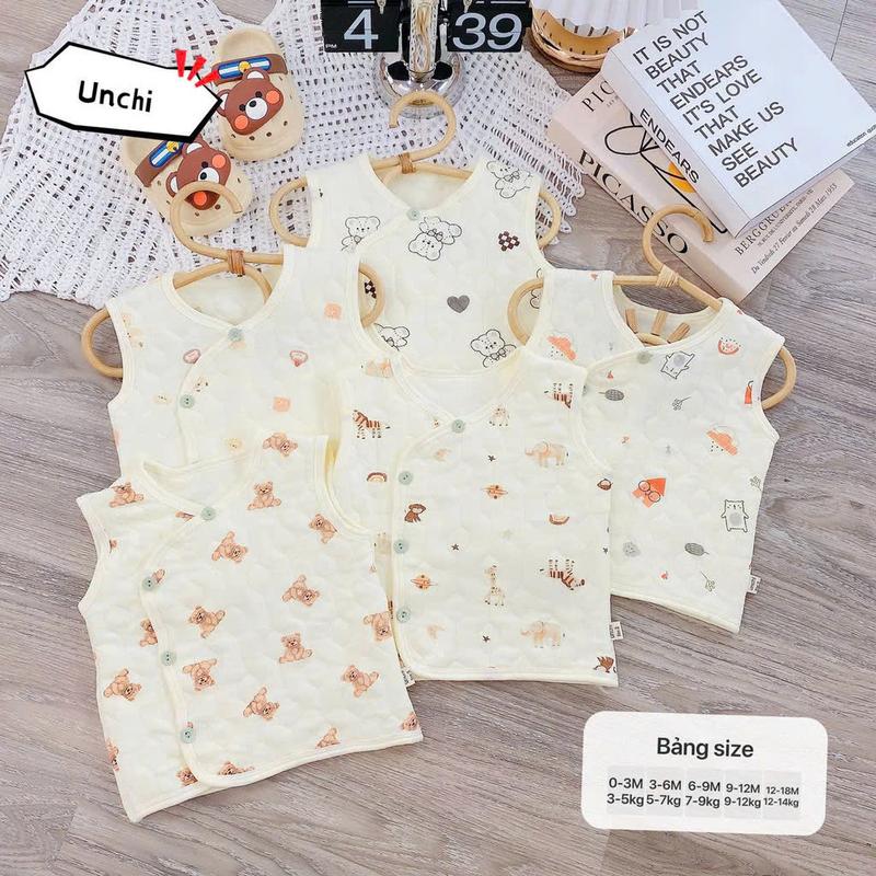 Áo Gile Unchi Cúc Cài chất nỉ xốp trần bông in hình động vật đáng yêu giữ ấm cho bé