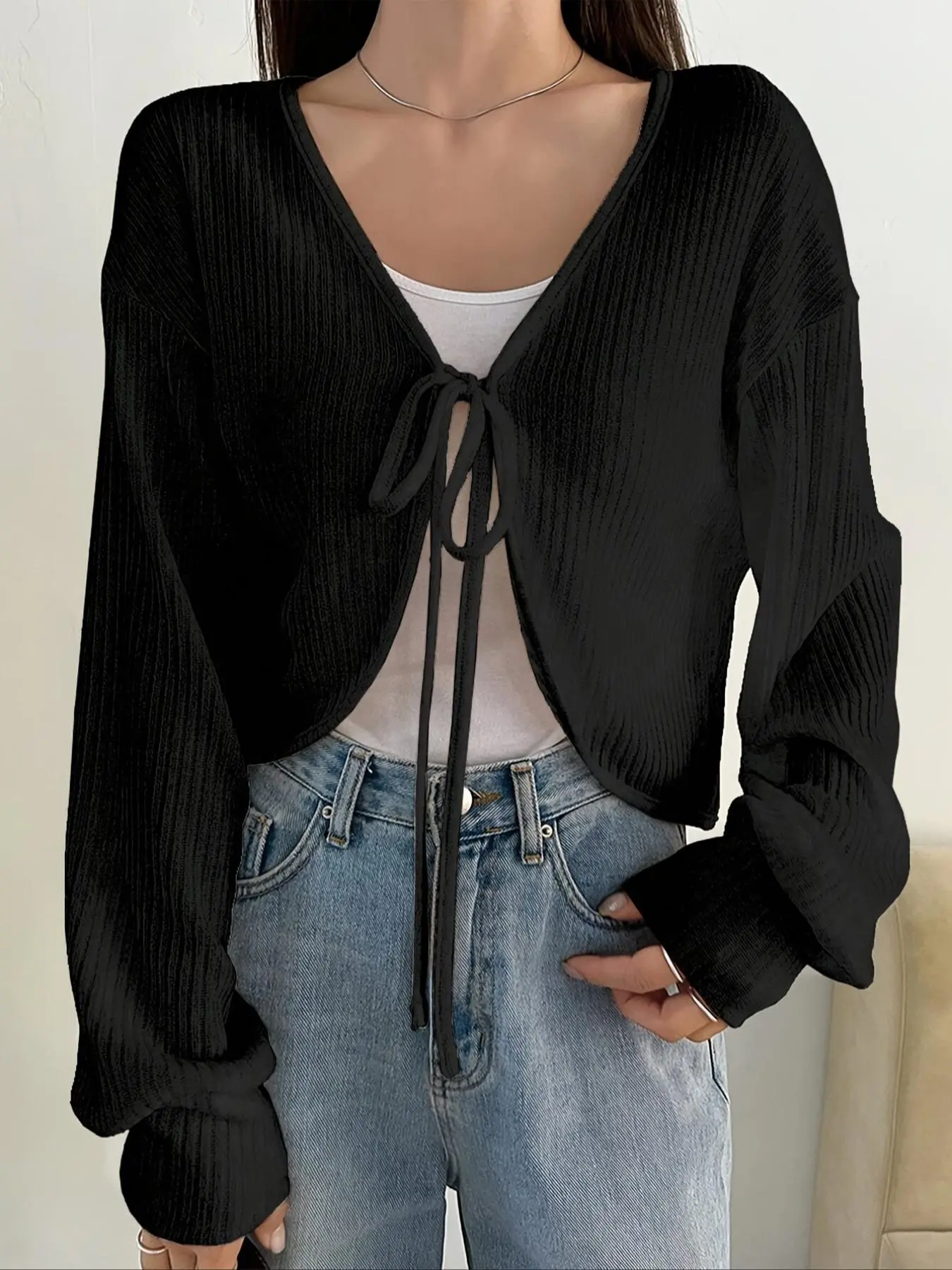 Women's Solid Tie Front Sweater Cardigan, Casual Elegant Long Sleeve Knitwear for Spring & Fall, Fashion Women's Knit Clothing for Daily Wear, Tops