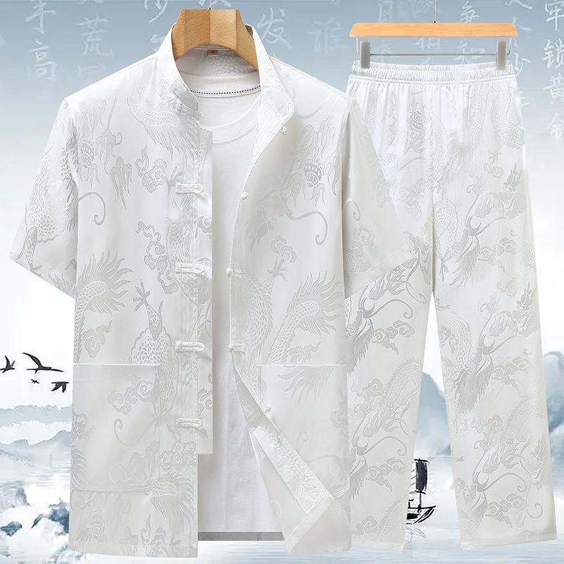Trang Phục Bộ Đồ Tang Trung Quốc Mới, Dành Cho Nam Giới Trung Người Già Và Cao Tuổi, Áo Sơ Mi ngắn Tay Áo Bằng Lụa Lạnh Mùa Hè, Quần Áo Ông Già Thường Ngày Phong Cách Dân Tộc Hanfu