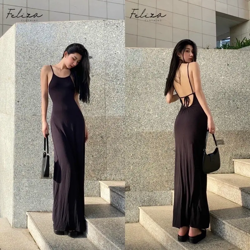 Đầm Lụa maxi hở lưng sexy( Kèm mút ngực) Chất Lụa mềm y hình.