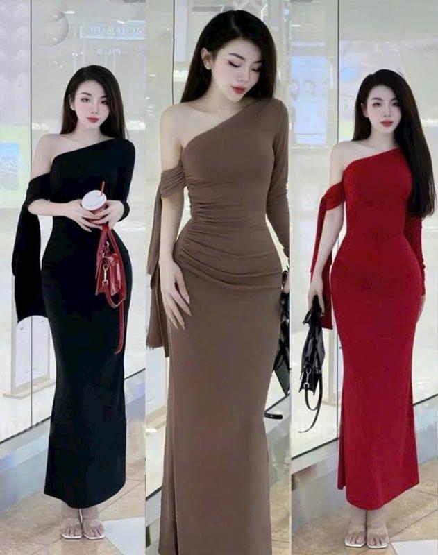SM - Đầm ôm body lệch vai tay rớt phối tà dáng dài đuôi cá sang chảnh - Thun ladong H841 Váy boby váy body nữ tôn dáng váy xinh váy đi tiệc váy đi biển