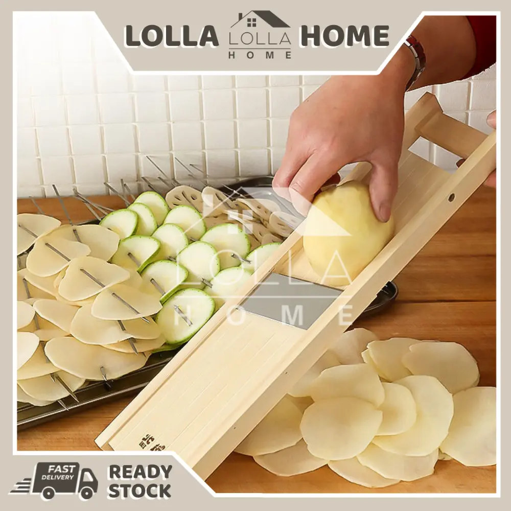 READY STOCKWooden Vegetable Mandoline Slicer Vegetable Grater Cutter With Stainless Steel Blade Peeler Cutter Potato Slicer Adjustable Thickness Wooden Fruit Vegetable - Pengagat Sayur / Ubi Kentang Kerepek Kitchenware