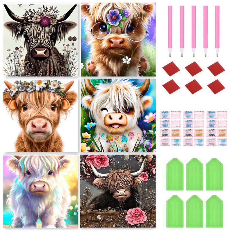 Highland Cow Pattern DIY Diamond Painting Kit without Frame, 6 Counts/Set 5D Diamond Painting Cross Stitch Kit, DIY Decor Painting for Bedroom Living Room 2