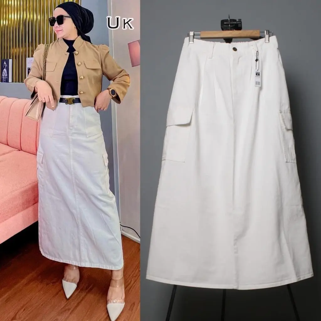 Rok cargo jeans wash wanita polos putih viral import bkk//rok saku kanan kiri polos warna putih viral import//rok payung wanita putih import