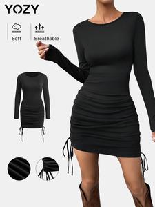 YOZY Women's Plain Ruched Drawstring Bodycon Dress, Long Sleeve Round Neck Short Dress for Party Club Dating Wear, Women's Clothing for Fall