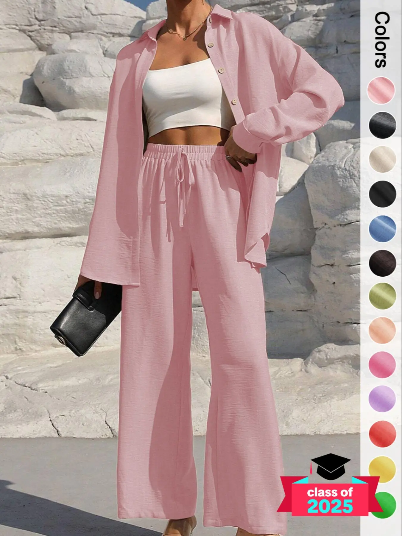 Women's Solid Button Front Shirt & Tie Front Wide Leg Pants Two-piece Set, Casual Drop Shoulder Long Sleeve Blouse Top & Trousers 2 Piece Set for Spring & Fall, Women's Clothes for Daily Wear, Longsleeves Womenswear