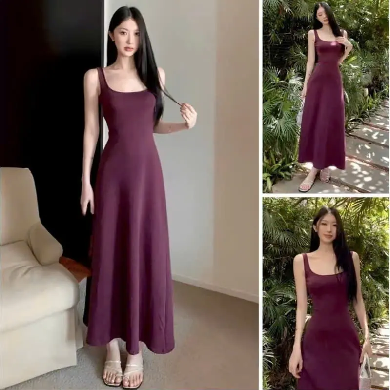Đầm cổ vuông tay ngắn dáng dài chất vải thun gân