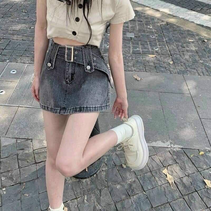 ￼Chân váy jean ngắn có đai eo cao phong cách thời trang cho nữ ( cv đai ) 1