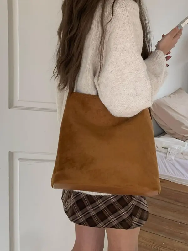 Women's Solid Color Suede Tote Bag, Fashionable Large Capacity Shoulder Bag for Daily Used, Casual Trendy Versatile High-quality Daily Commuting Bag 4