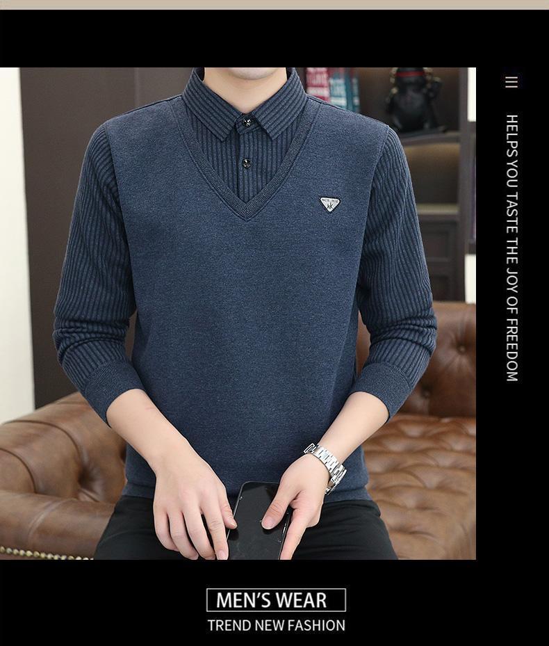 Product Introduction of 2024 Winter Fleece-lined Thickened Integral Velvet Sweater Men's False Two Pieces Knitted Sweater Youth Pu Handsome Men's Shirt Nam Slipper 14