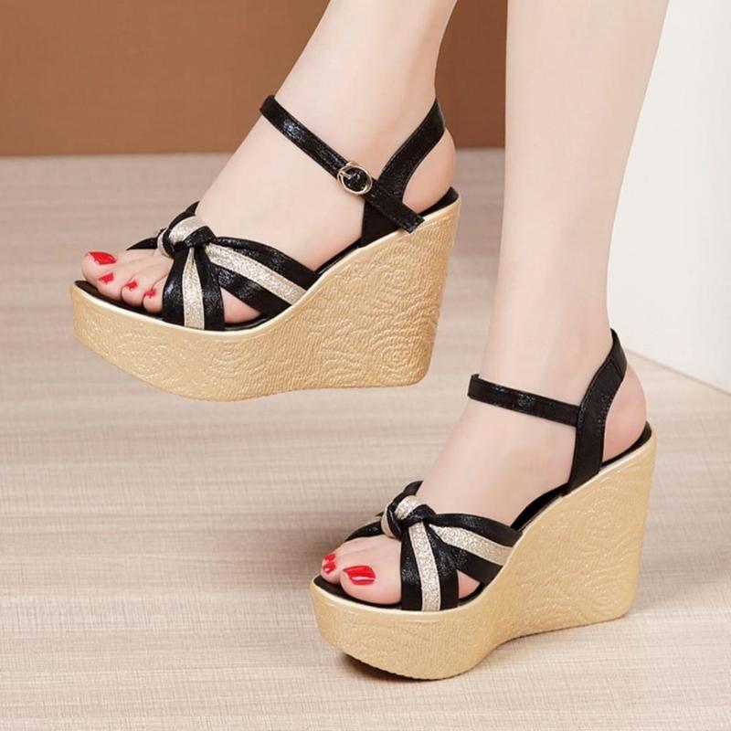  GIÀY SANDAL ĐẾ XUỒNG QUAI CHÉO PHỐI SỌC 10P DéP Nữ Shoes Đế Bằng 