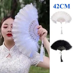 Bulu Gaya Gothic/Kipas Bulu Tari/Tari Kipa/Kipas Bulu Lipat/Lolita Klasik Kipas Lipat Bulu Kipas