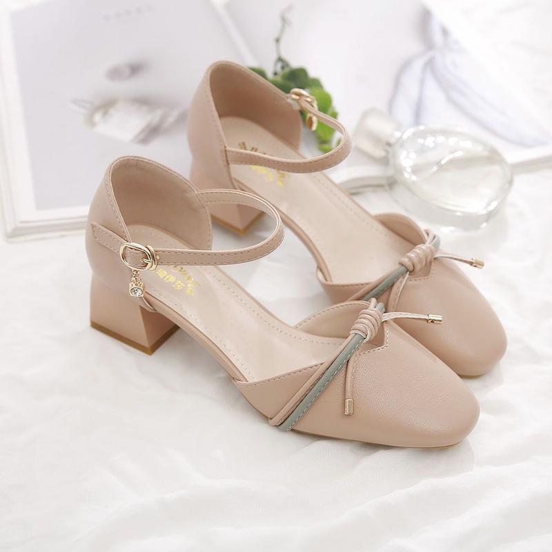 Toe Box Shoes Women's High Heels Mid Heel Summer Chunky Heel Square Toe Hollowed Sandals Buckle All-Match Shallow Mouth Low Heel Shoes 0