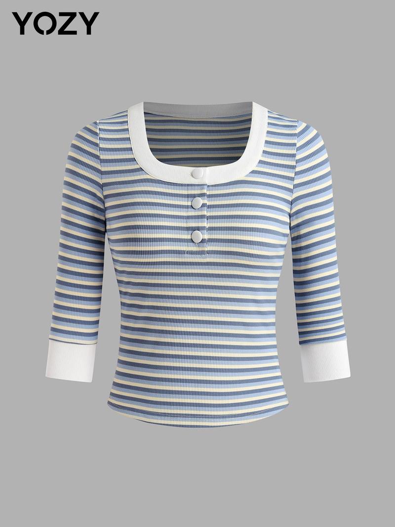 Product Introduction of YOZY Women's Striped Patchwork Print Button Ribbed Tee, Casual 3/4 Sleeve Square Neck T-Shirt for Spring & Fall, Women's Top for Daily Wear 2