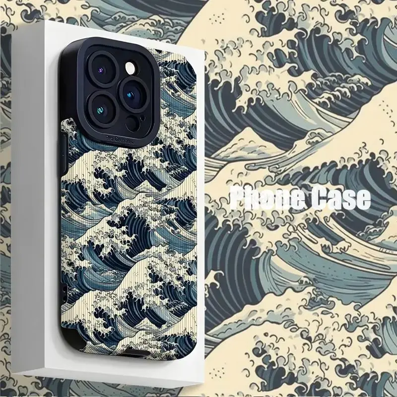 New all inclusive leather creative wave phone case suitable for iPhone 16 16pro 16promax11 12 13 14 Pro Max 15pro 7 8 plus X 11pro 14pro 13pro XS Max anti fall protection phone case
