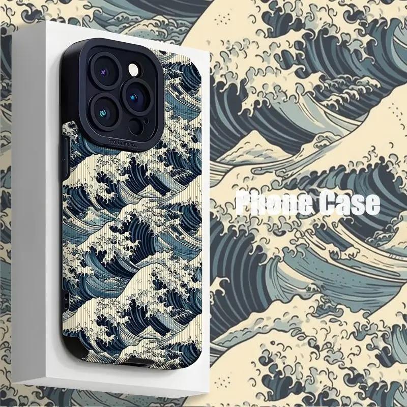 New all inclusive leather creative wave phone case suitable for iPhone 16 16pro 16promax11 12 13 14 Pro Max 15pro 7 8 plus X 11pro 14pro 13pro XS Max anti fall protection phone case 0