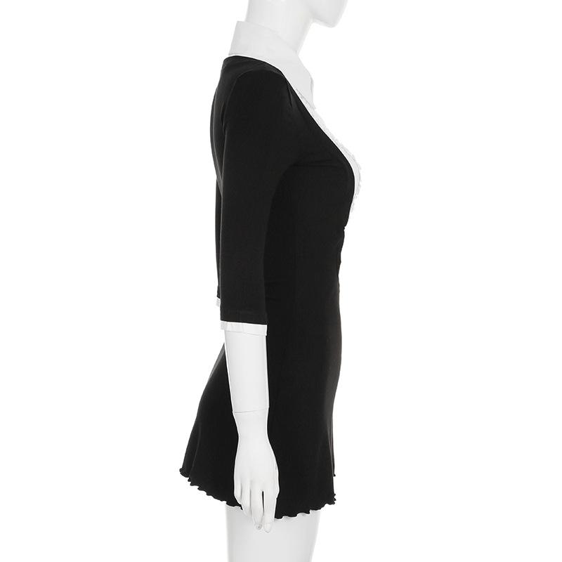 Product Introduction of Váy ngắn Bodycon, Phong Cách Người Nổi Tiếng Ins, Phong Cách Preppy, Váy Có Gân Khối Màu, Thanh Lịch, Cổ Áo Sơ Mi, Dành Cho Phụ Nữ váy  trắng váy  có  cổ  khoét  sâu hoa  xù  đầm  body 15