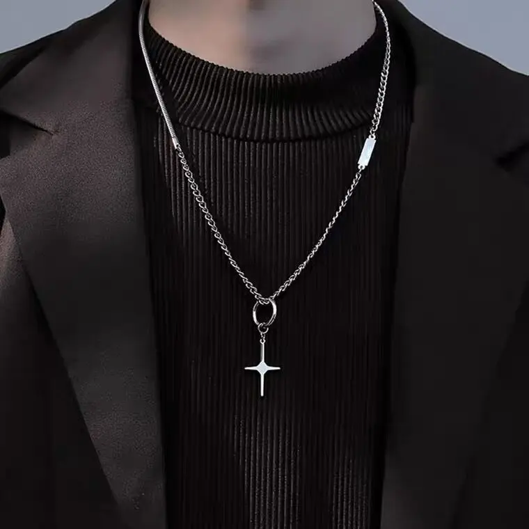 Titanium steel chain splicing necklace, trendy cross pendant necklace