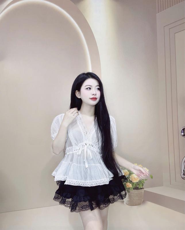 Sét bộ áo Thiểu thư cộc tay cổ V Mix Dây Đan Thắt Eo Kemc Chân Váy Tầng Xoè Trẻ TRung 2