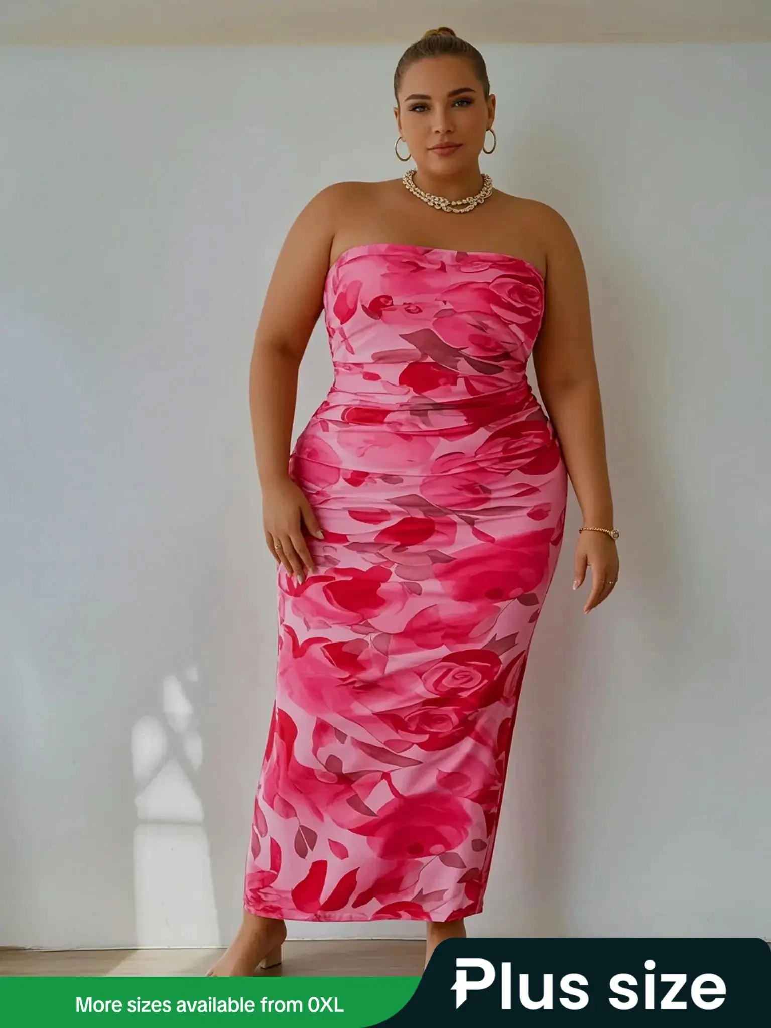 【Plus Size】 Floral Print Split Hem Bodycon Tube Party Dress, Elegant Strapless Tulle Dress for Party Club Dating Wear, Women's Clothes for Summer