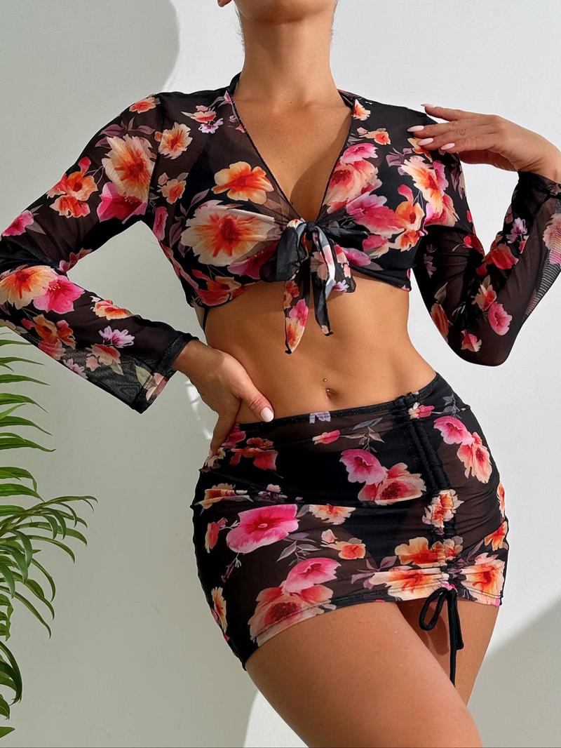 Product Introduction of Women's Halter Neck High Cut Bikini Set, Triangle Swim Bra & Swim Panty & Floral Print Drawstring Cover Up Skirt & Tie Front Cover Up Top, Ladies Summer Swimsuit 4