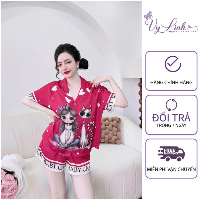Bộ Đồ Pijama Đùi Croptop Hoạ Tiết Mèo Dễ Thương Chất Liệu Lụa Latin Mềm Mại S1197 Quần Ngủ đồ bộ váy ngủ