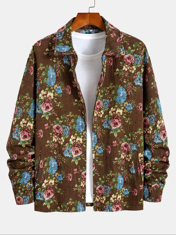 Men's Floral Print Button Zipper Jacket, Loose Casual Long Sleeve Collared Outerwear for Fall & Winter, Men's Clothes for Daily Wear 1