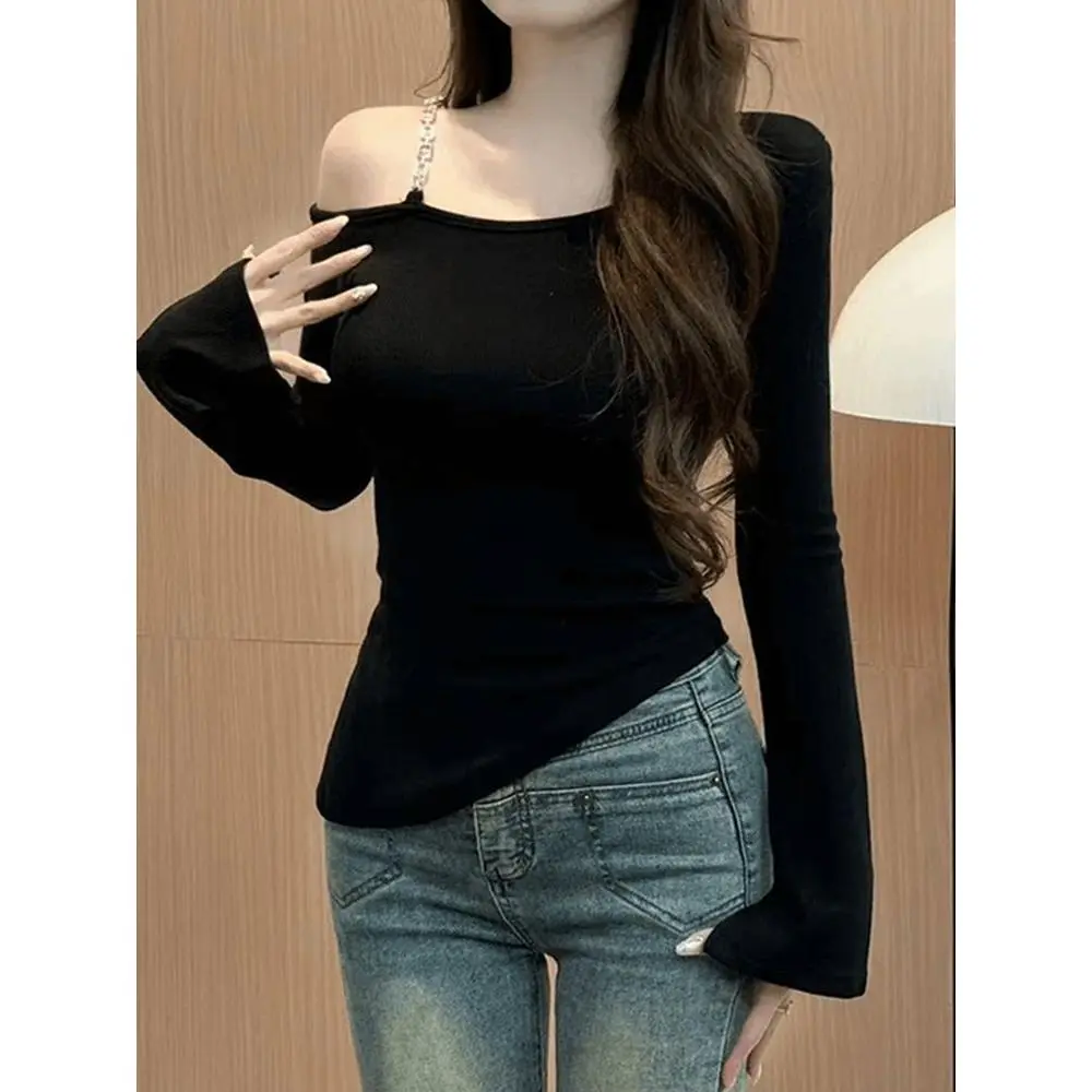 Plus size sexy off-the-shoulder split long sleeve T-shirt WOMEN'S 2025 early autumn new slim fit shoulder fashion top ins Womenswear Blouse Lingerie Basic Minimalist Comfort
