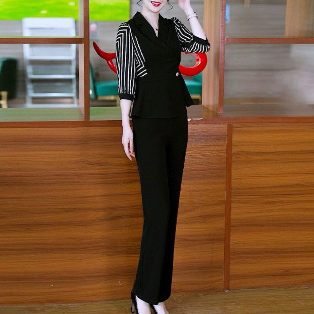 [clearance]FADFAD Setelan wanita atasan lengan tiga perempat dengan erah v neck dan celana panjang warna solid gaya casual