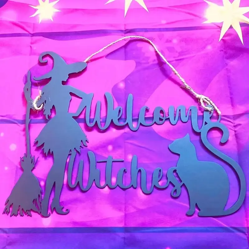 Halloween Themed Wall Art Decor, Witch & Cat & Broomstick Welcome Sign, Festive Hanging Home Decor & Holiday Door Plaque 4