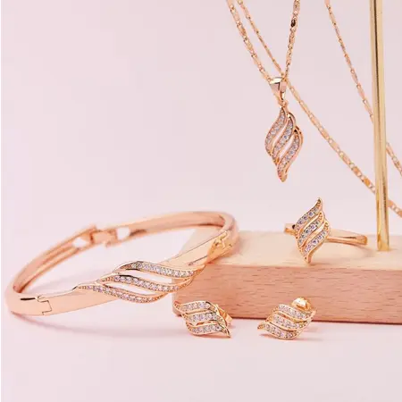 Set Dewasa Anting Gelang Cincin Kalung Gold  Motif Daun Layer 2