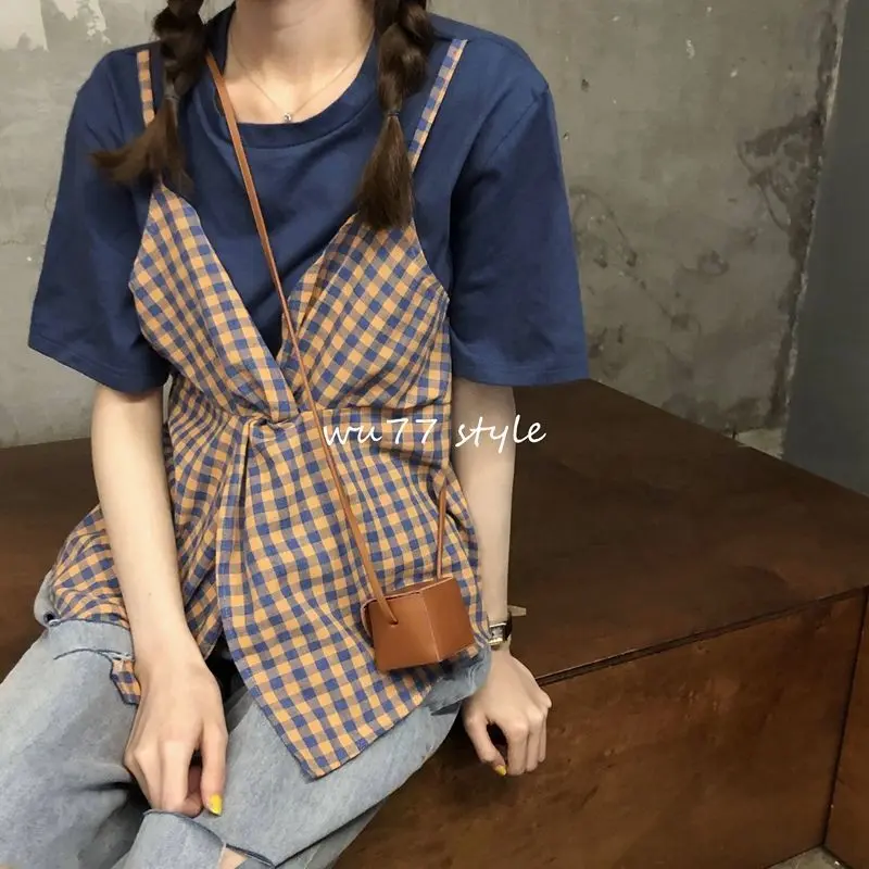 Áo Thun Giả Hai Lớp, Thiết Kế Khâu Đẹp, Phong Cách Hàn Quốc, Dáng Rộng Vừa Vặn, Bó Sát, Buộc Dây, Áo Thun Vest Kẻ Sọc, ngắn Tay Mùa Hè Cho Nữ áo  caro  nữ  sơ  mi 7