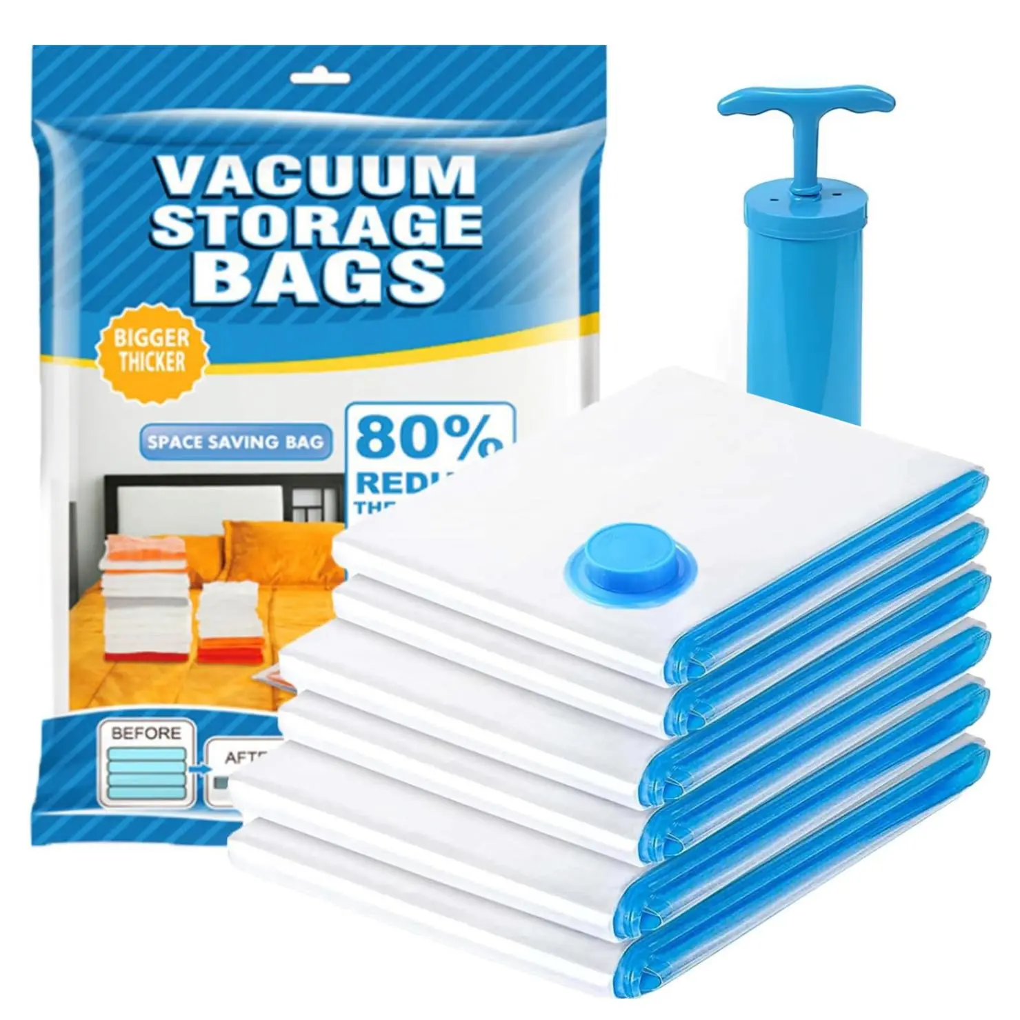 Vacuum Storage Bag, 6 Counts/set Vacuum Storage Bag with Pump, Compression Bag for Clothes, Bedding, Quilt, Home Organizer, Summer Gifts