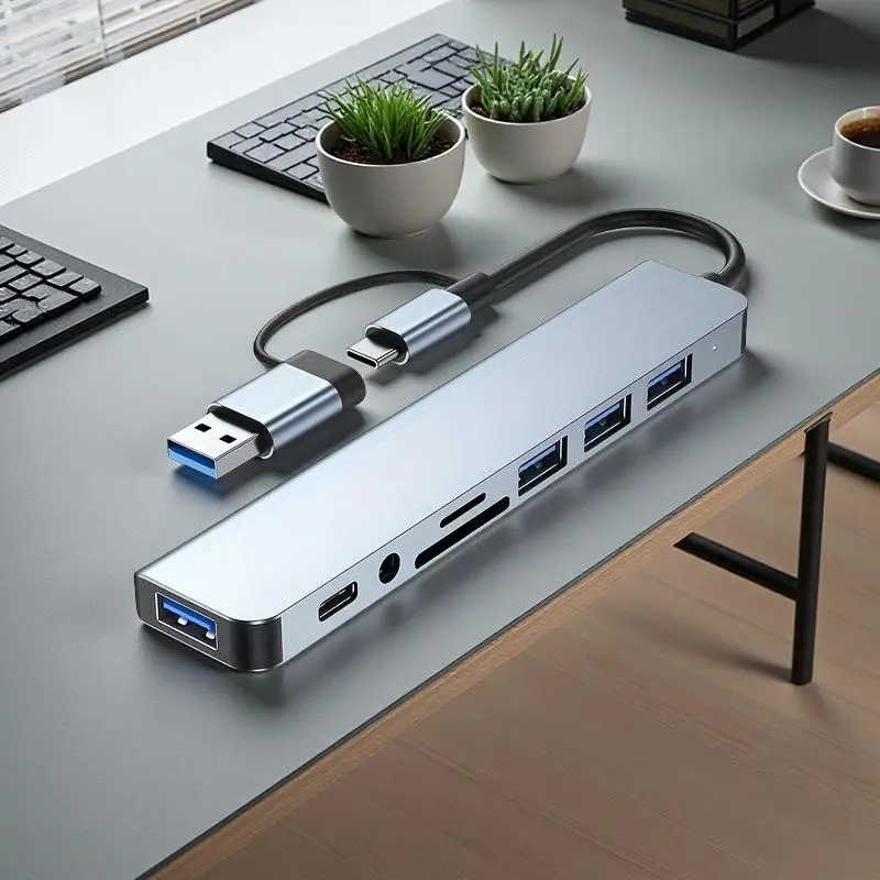 8-in-1 USB C HUB, USB Splitter, USB Expander, Featuring 4 USB Ports, 1 USBC TF/SD Card Reader, and 3.5mm Audio Output, Compatible with Macbook Pro/iPad Pro/HP Laptops