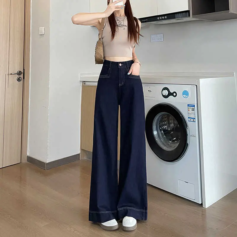 Quần Jean Ống Rộng Xếp Ly, Màu Xanh Denim, Cạp Cao, Phiên Bản Hẹp, Mỏng Vừa Vặn, Quần quét đất Nhà Thẳng Co Giãn, Màu Xanh Đậm, Thích Hợp Cho Mùa Xuân Và Mùa Thu