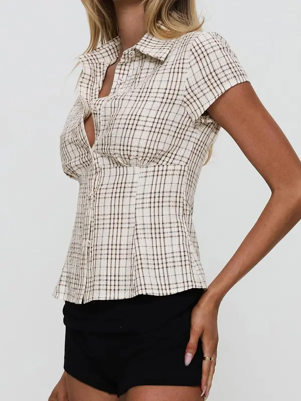 Women's Plaid Blouse, Casual Slim-fitting Short Sleeve Collar Top for Summer, Women's Clothes for Daily Wear, Skinny Womenswear, Classy Tops, Clothes for Women 5