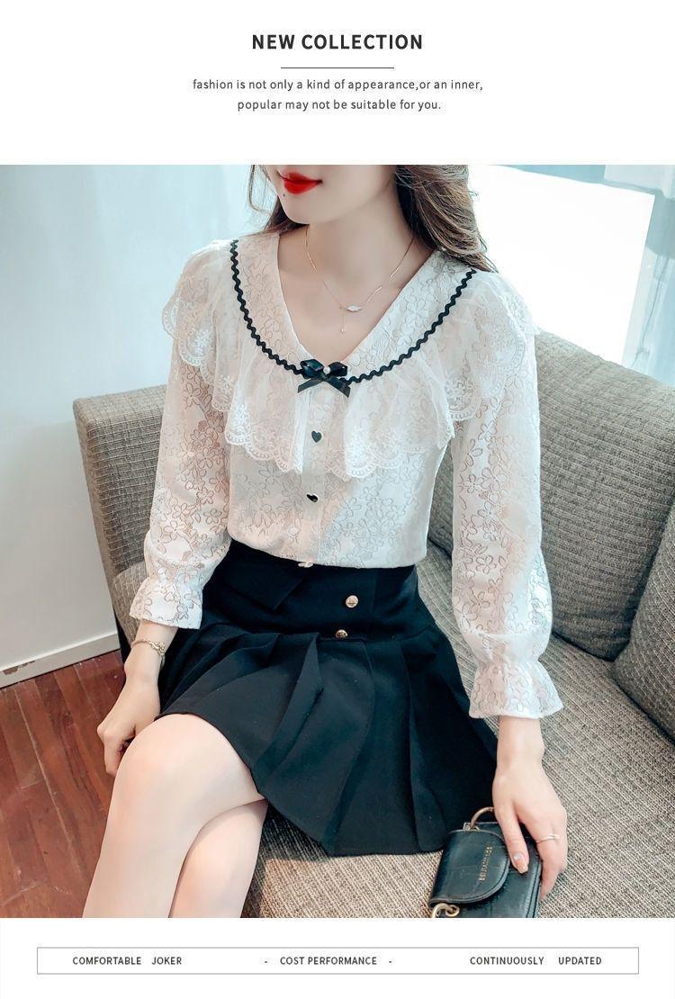 Product Introduction of Áo Sơ Mi Dài Tay Ren Nơ Cổ Chữ V, Thiết Kế Xinh Xắn, Áo Dễ Phối Đồ Sang Trọng Độc Đáo Dành Cho Nữ, Hàng Mới Về Đầu Mùa Thu 2022 Women Top Shirt 13