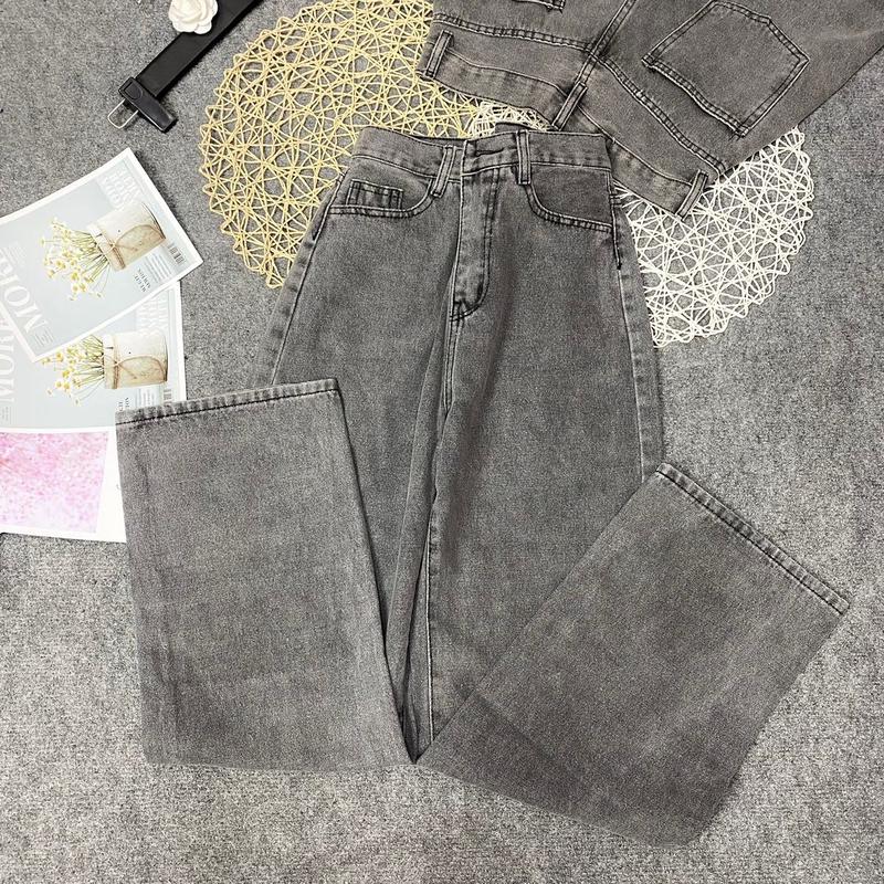 Quần Jeans ống suông cạp cao (5043) Pants Nữ Women Xám 3