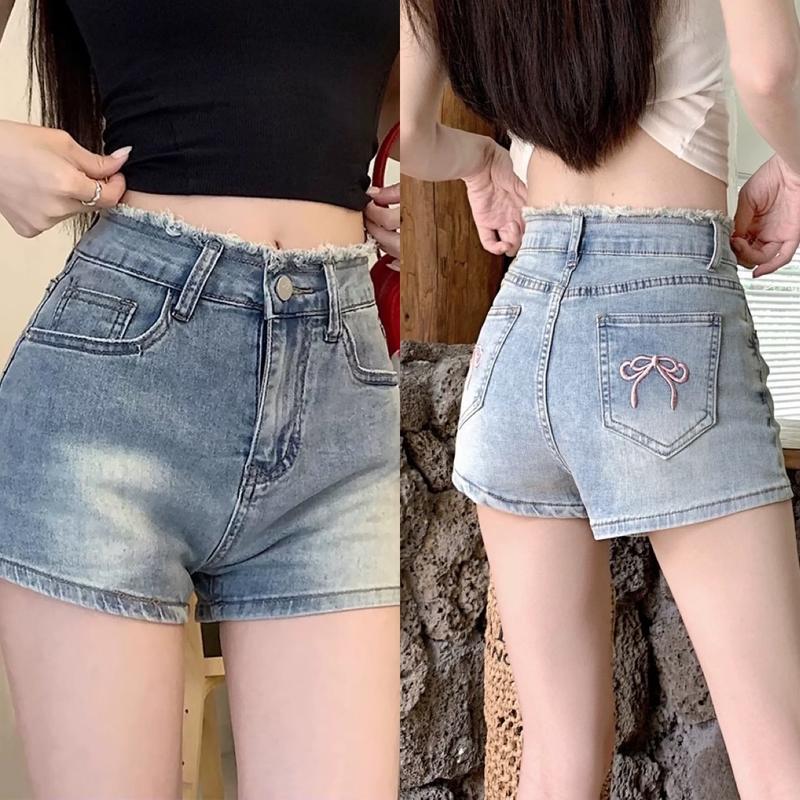  Quần Short Jean Nữ Bigsize 53-90kg Thêu Nơ Hồng Túi Sau Lưng Cao Co  Giãn Mạnh Xanh 0125 0126 Women Lịch Pants Tua Rua 